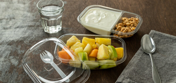ANL Packaging on the go fruit salad tray with integrated spork